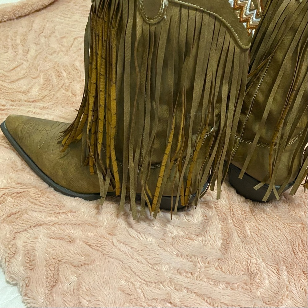 Roper Tan Suede Fringe Heeled Boots